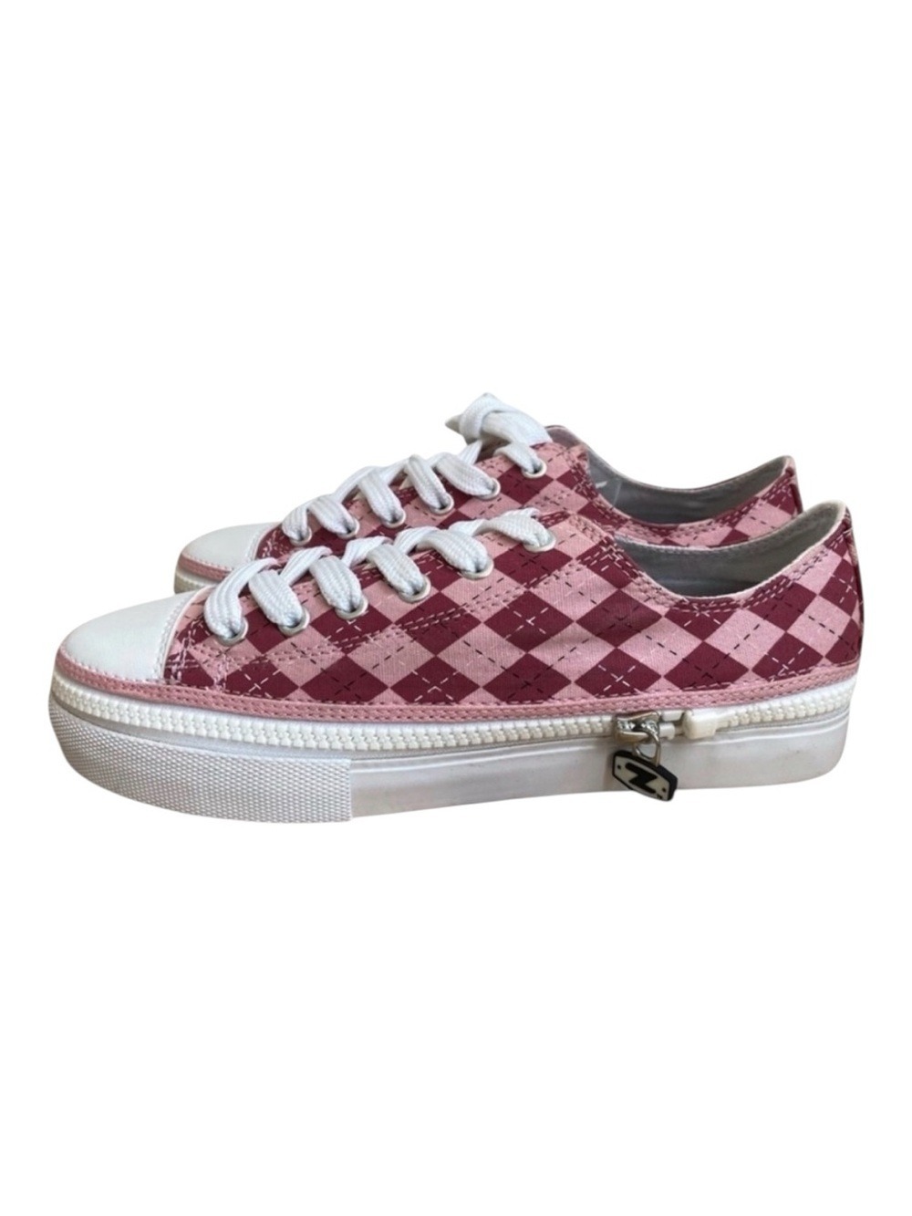 Pink white Argyle sneakers white summer platform shoes lace up size 6 breathable